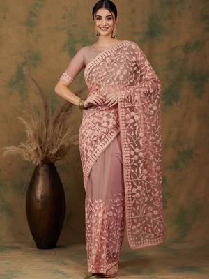 Peach Color Embroidered Work Net Saree With Blouse 2