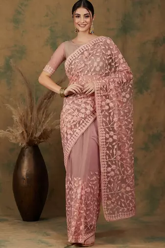 Peach Color Embroidered Work Net Saree With Blouse