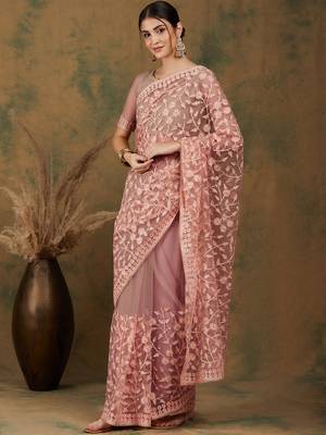 Peach Color Embroidered Work Net Saree With Blouse 3