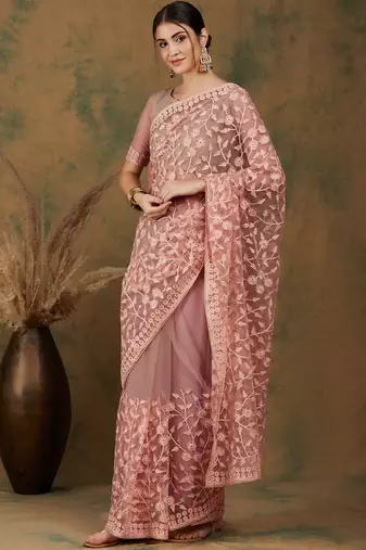Peach Color Embroidered Work Net Saree With Blouse