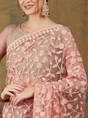 Peach Color Embroidered Work Net Saree With Blouse 4