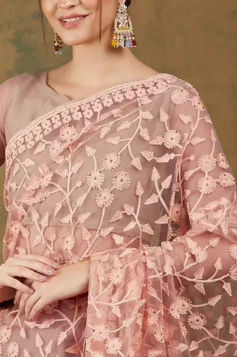 Peach Color Embroidered Work Net Saree With Blouse