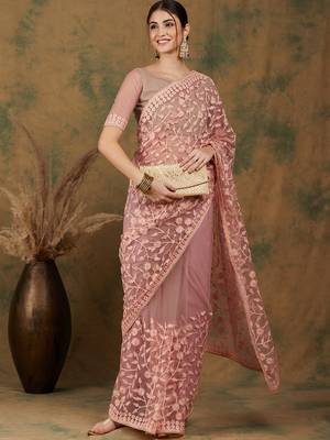 Peach Color Embroidered Work Net Saree With Blouse 5