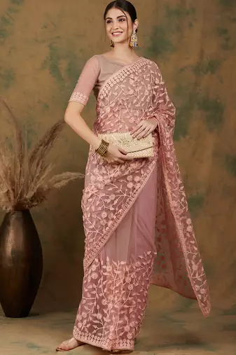 Peach Color Embroidered Work Net Saree With Blouse