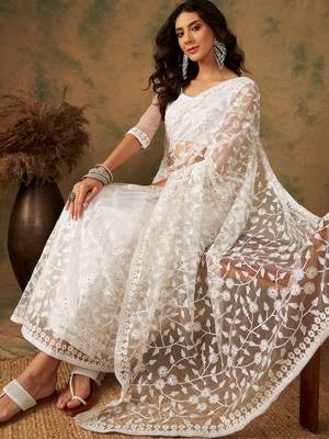 White Thread Work Embroidered Net Saree with Blouse 1
