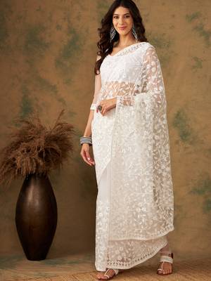 White Thread Work Embroidered Net Saree with Blouse 2