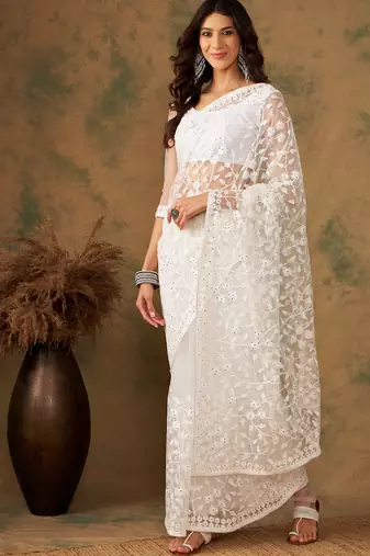 White Thread Work Embroidered Net Saree with Blouse