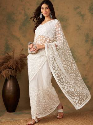 White Thread Work Embroidered Net Saree with Blouse 3