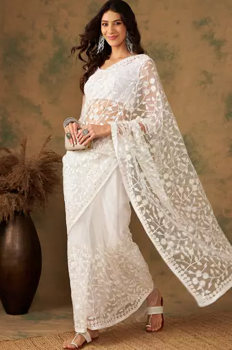 White Thread Work Embroidered Net Saree with Blouse