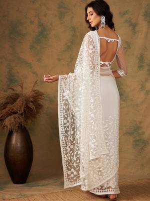 White Thread Work Embroidered Net Saree with Blouse 4