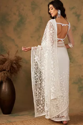 White Thread Work Embroidered Net Saree with Blouse