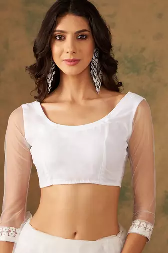 White Thread Work Embroidered Net Saree with Blouse