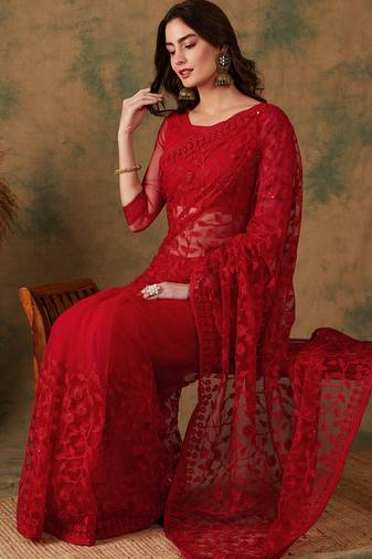 Red Net Embroidered Saree with Blouse For Parties & Weddings