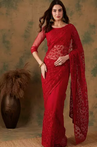 Red Net Embroidered Saree with Blouse For Parties & Weddings