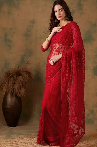 Red Net Embroidered Saree with Blouse For Parties & Weddings