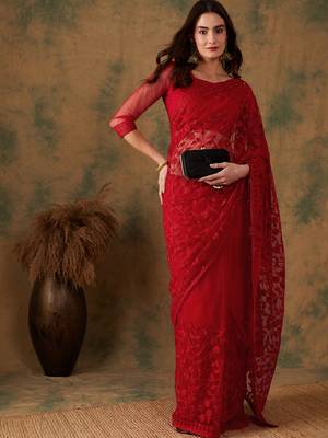 Red Net Embroidered Saree with Blouse For Parties & Weddings 4