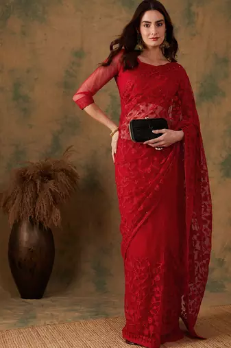 Red Net Embroidered Saree with Blouse For Parties & Weddings