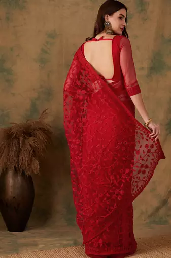 Red Net Embroidered Saree with Blouse For Parties & Weddings