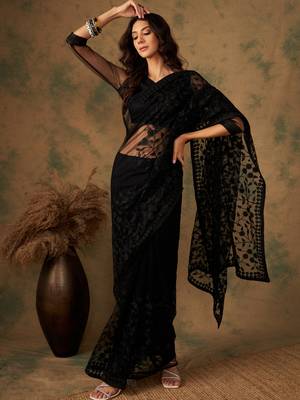 Black Color Embroidered Work Net Saree With Blouse 2