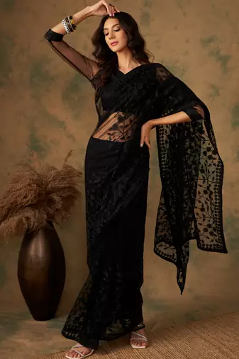 Black Color Embroidered Work Net Saree With Blouse