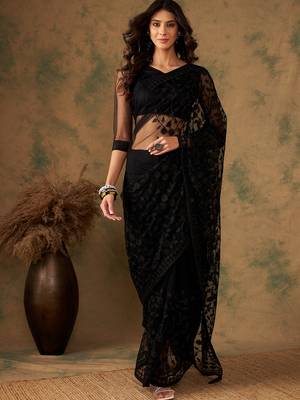 Black Color Embroidered Work Net Saree With Blouse 3