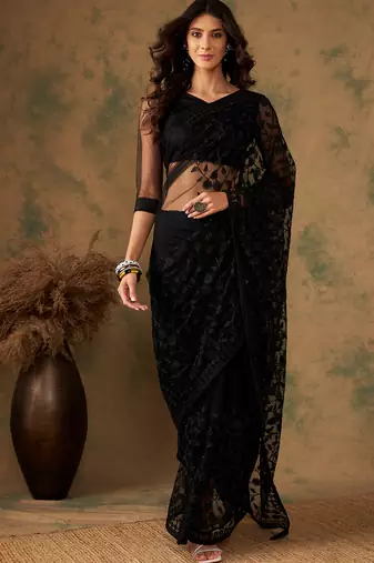 Black Color Embroidered Work Net Saree With Blouse