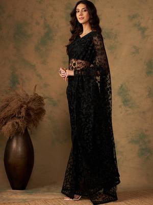 Black Color Embroidered Work Net Saree With Blouse 1
