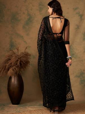 Black Color Embroidered Work Net Saree With Blouse 4