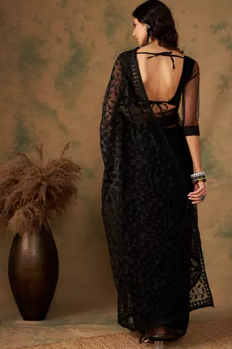 Black Color Embroidered Work Net Saree With Blouse