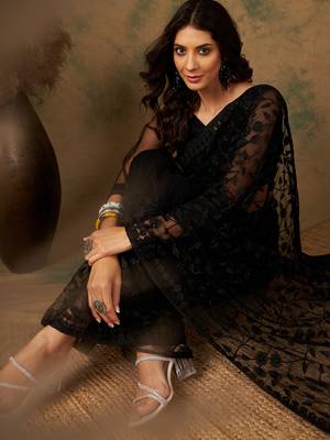 Black Color Embroidered Work Net Saree With Blouse 5