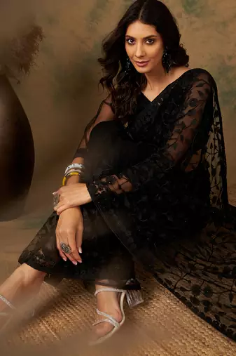 Black Color Embroidered Work Net Saree With Blouse