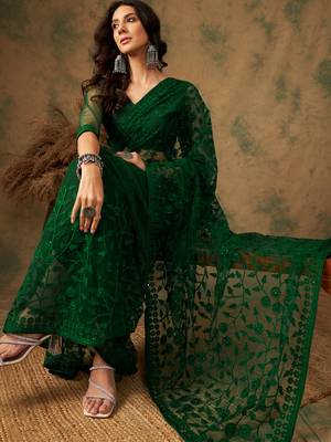 Olive Color Embroidered Work Net Saree With Blouse 1