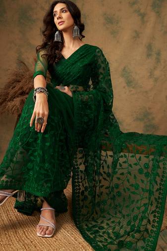 Olive Color Embroidered Work Net Saree With Blouse