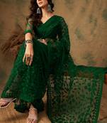 Olive Color Embroidered Work Net Saree With Blouse