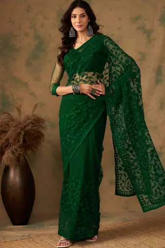 Olive Color Embroidered Work Net Saree With Blouse