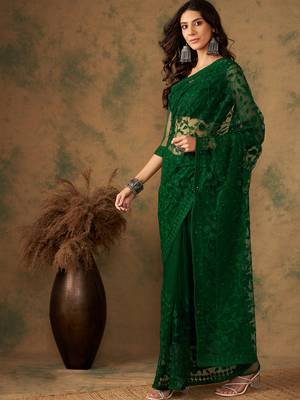 Olive Color Embroidered Work Net Saree With Blouse 3