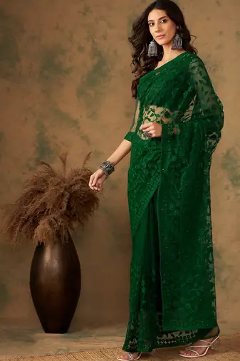Olive Color Embroidered Work Net Saree With Blouse