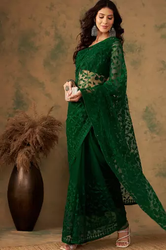 Olive Color Embroidered Work Net Saree With Blouse
