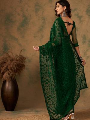 Olive Color Embroidered Work Net Saree With Blouse 5