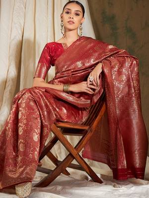 Red color weaving work Banarasi silk blend saree with blouse 1