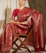 Red color weaving work Banarasi silk blend saree with blouse