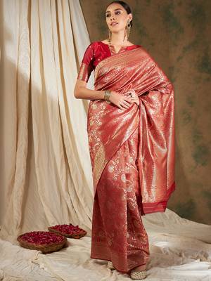 Red color weaving work Banarasi silk blend saree with blouse 2