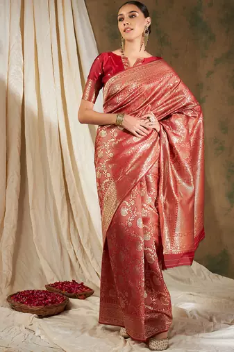 Red color weaving work Banarasi silk blend saree with blouse