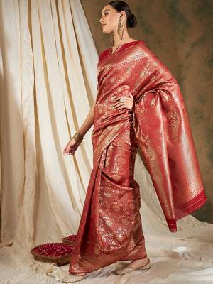 Red color weaving work Banarasi silk blend saree with blouse 3