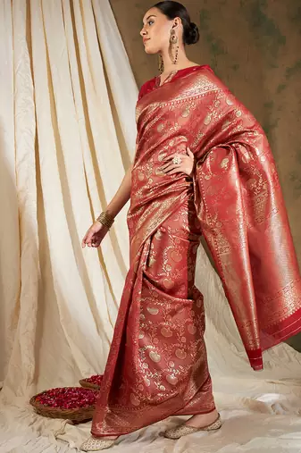 Red color weaving work Banarasi silk blend saree with blouse