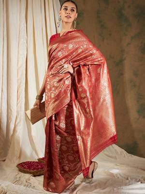 Red color weaving work Banarasi silk blend saree with blouse 4