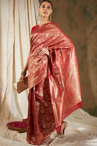 Red color weaving work Banarasi silk blend saree with blouse
