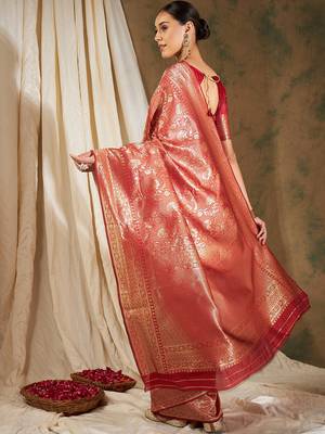 Red color weaving work Banarasi silk blend saree with blouse 5