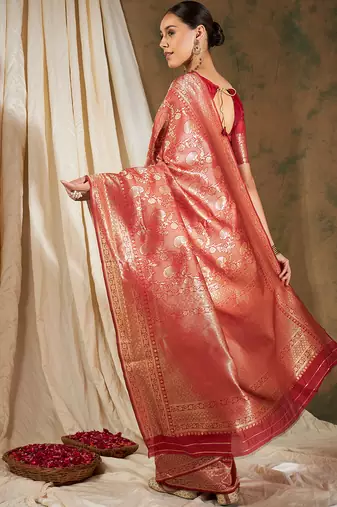 Red color weaving work Banarasi silk blend saree with blouse