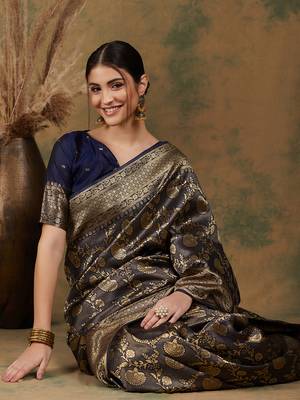 Navy Blue Color Weaving Work Banarasi silk blend Saree With Blouse 1